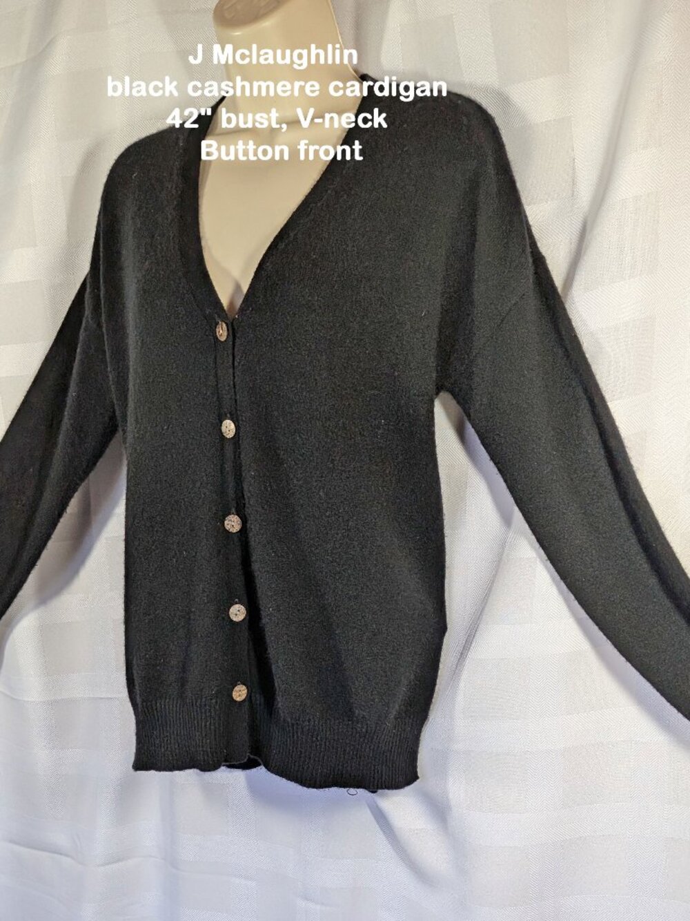 J Mclaughlin black cashmere cardigan, 42" bust, V-neck, Button front, Sleeves